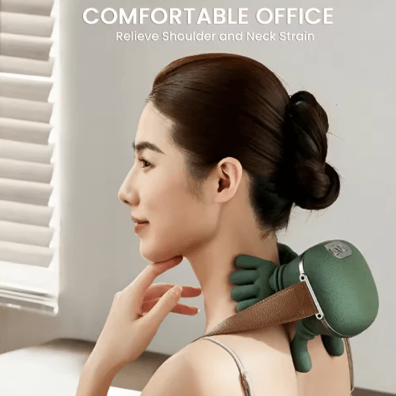 Portable PalmKnead Aura used for upper-back relief at a desk